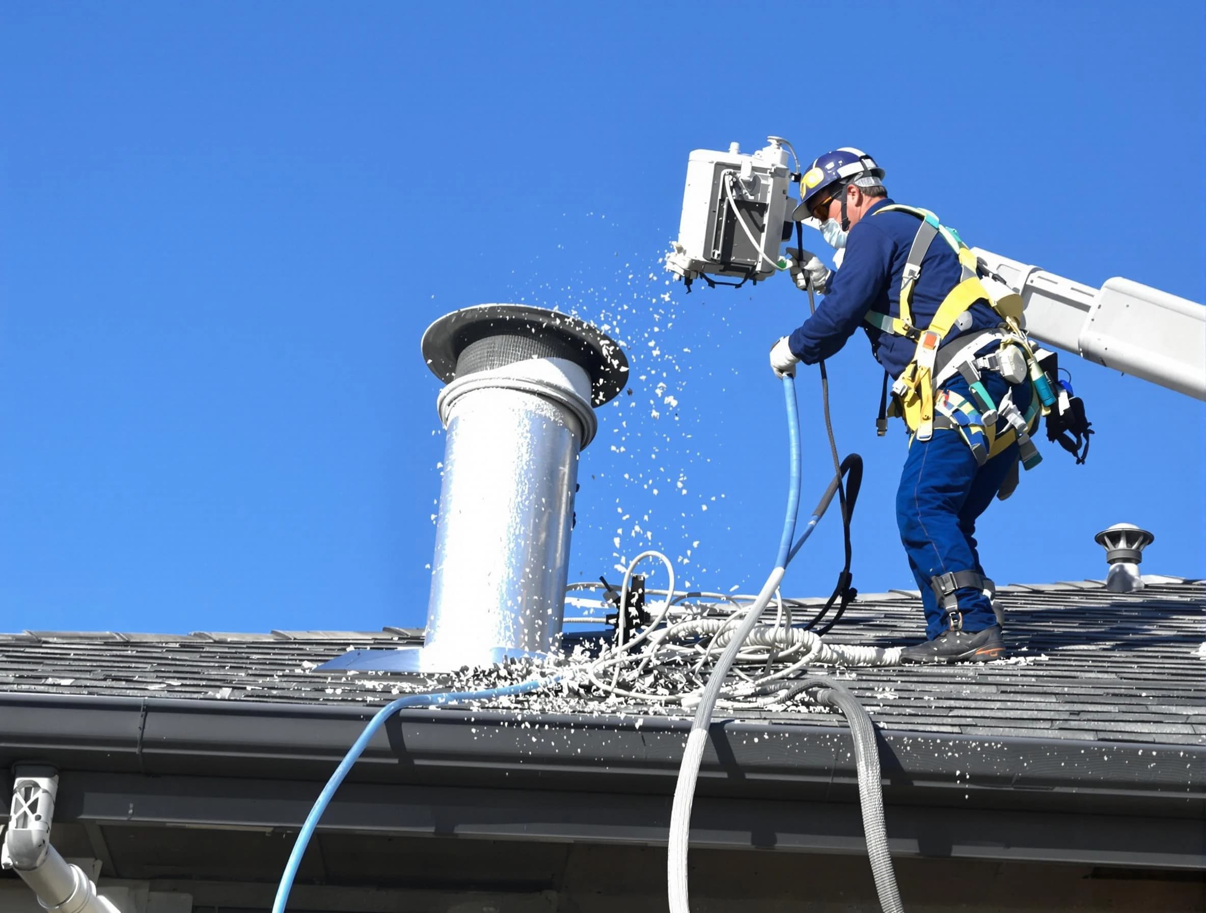 Dunwoody Dryer Vent Cleaning certified technician safely cleaning a roof-mounted dryer vent in Dunwoody