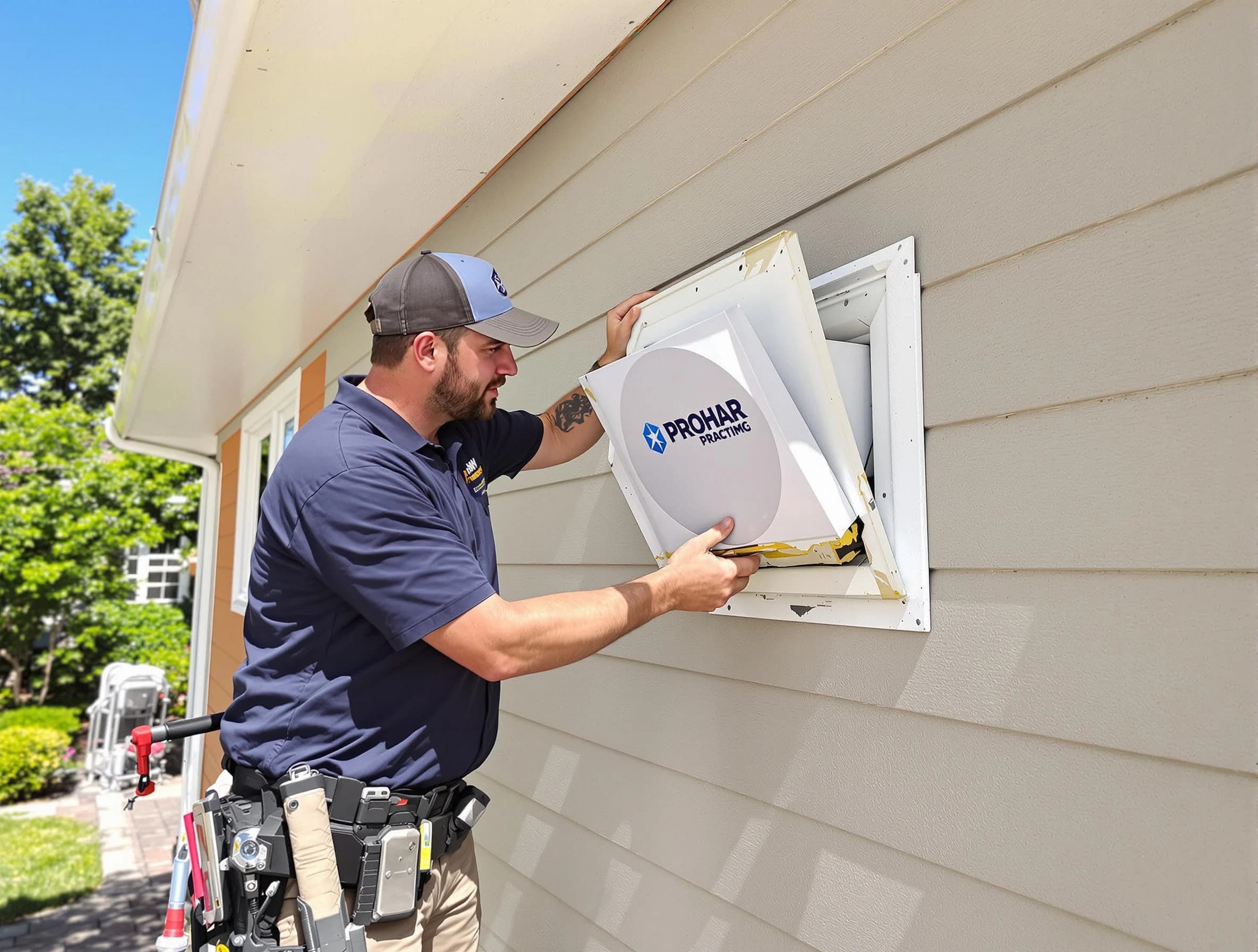 Dunwoody Dryer Vent Cleaning technician installing a new protective dryer vent cover on a home in Dunwoody