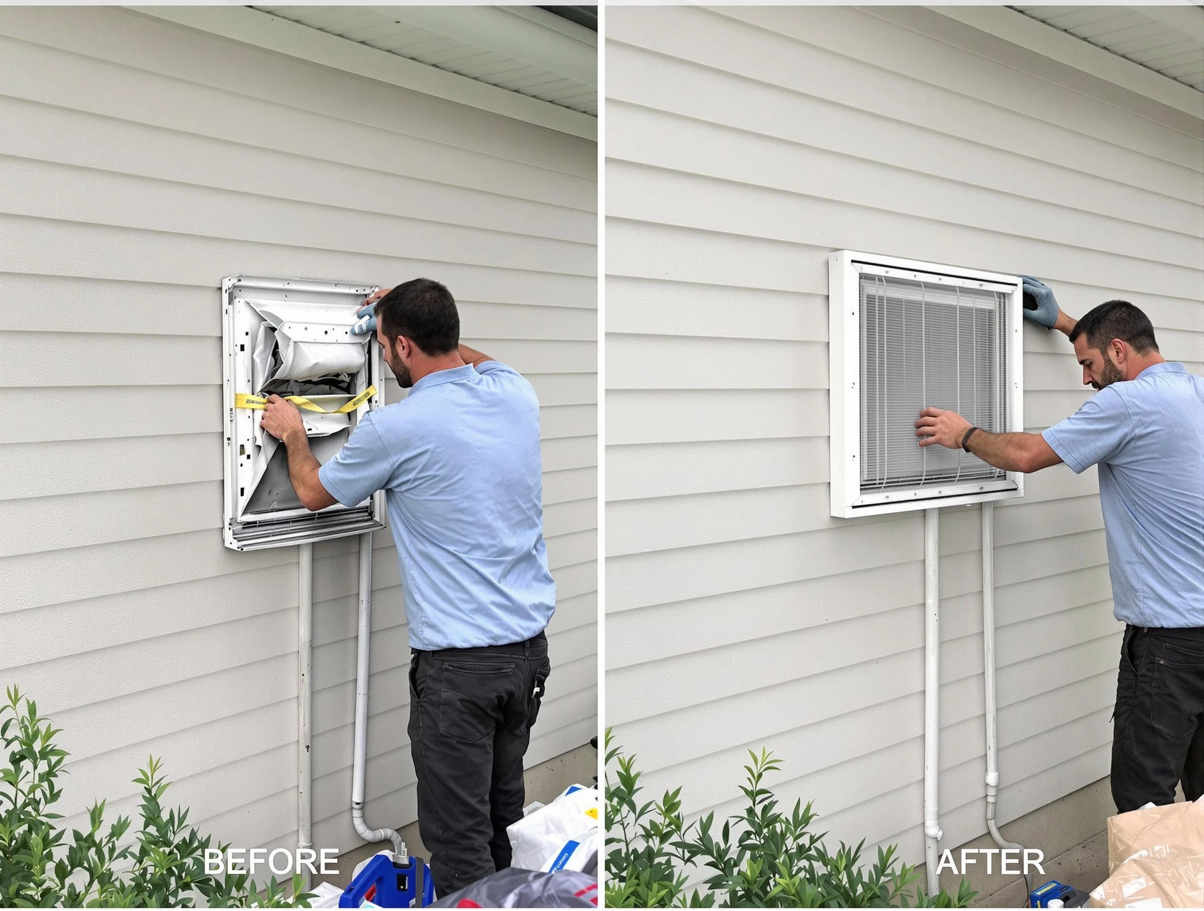 Dunwoody Dryer Vent Cleaning technician installing high-quality dryer vent cover at a residential property in Dunwoody